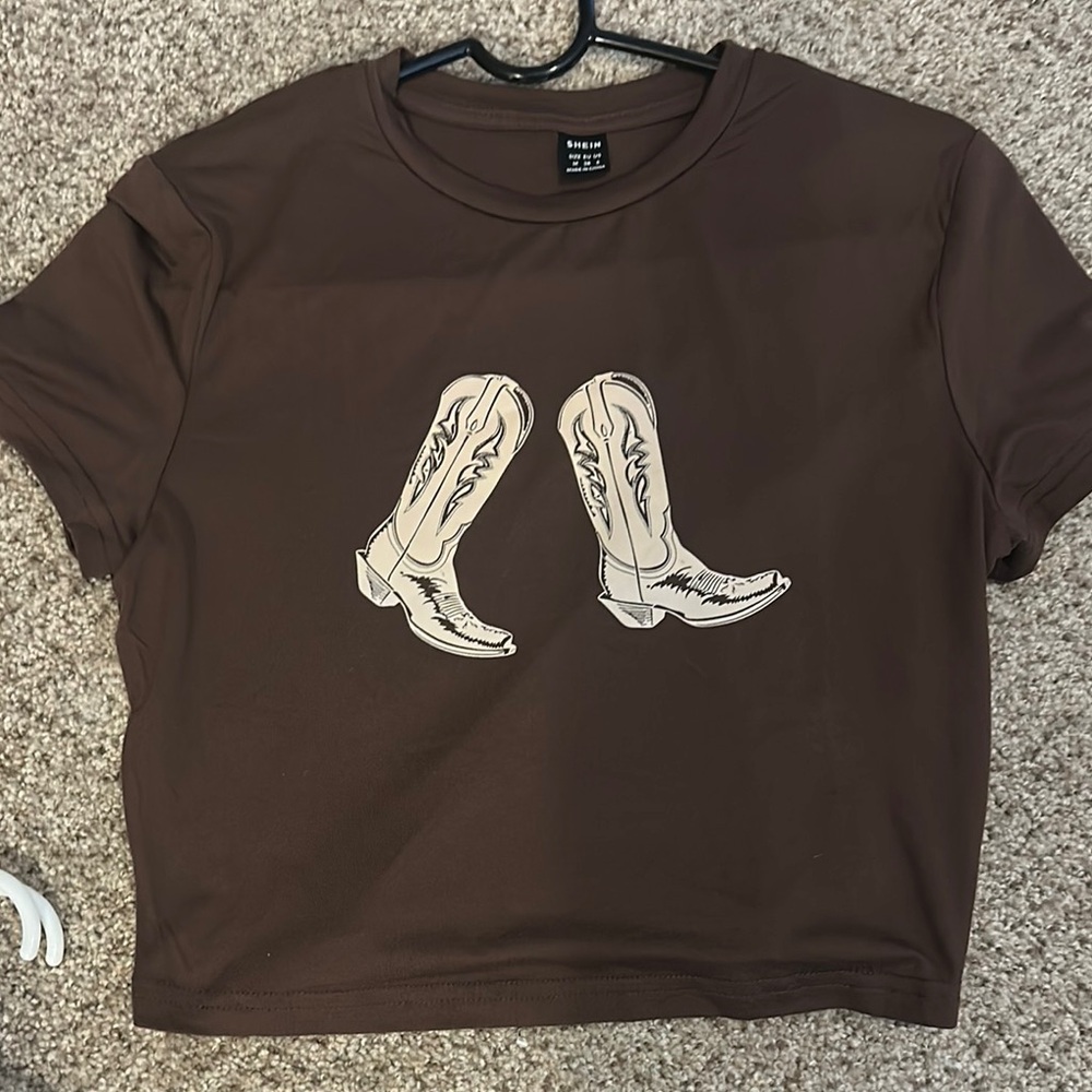 SHEIN Brown and Cream Crop Top with Graphic Design